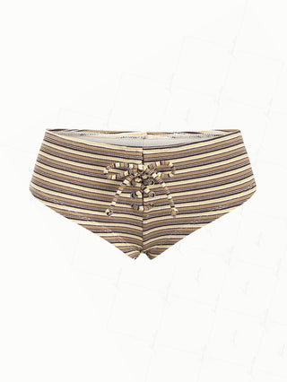 Brown Ribbed Knit Striped Grommet Lace Up Bikini Bottom Cheeky Swim Boyshorts