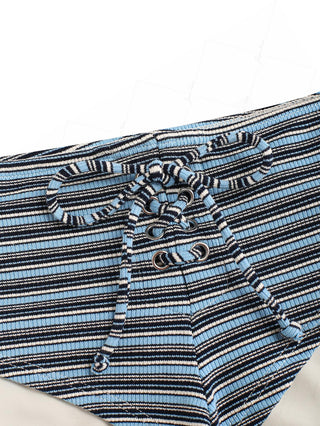 Blue Knit Striped Ribbed Grommet Lace Up Bikini Bottom Cheeky Swim Boyshorts