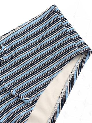 Blue Knit Striped Ribbed Grommet Lace Up Bikini Bottom Cheeky Swim Boyshorts
