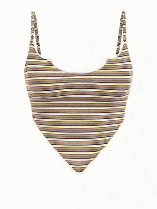 Brown Ribbed Knit Striped Hanky Hem Cinched Tankini Top