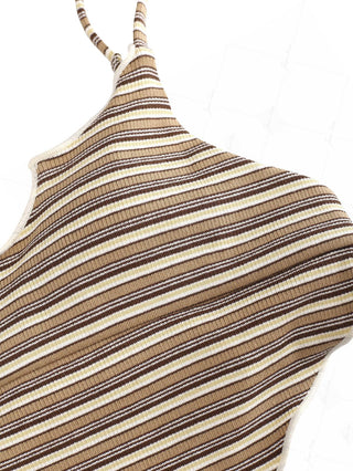 Brown Ribbed Knit Striped Hanky Hem Cinched Tankini Top