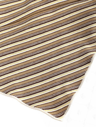 Brown Ribbed Knit Striped Hanky Hem Cinched Tankini Top