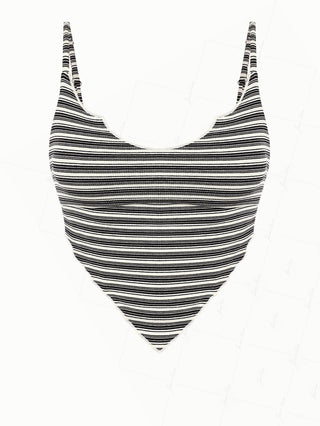 Black Knit Striped Ribbed Hanky Hem Cinched Tied Back Tankini Top