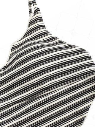 Black Knit Striped Ribbed Hanky Hem Cinched Tied Back Tankini Top