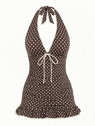 Deep Coffee Polka Dot Ruched Ruffles Halter Skirted One-piece Swimsuit