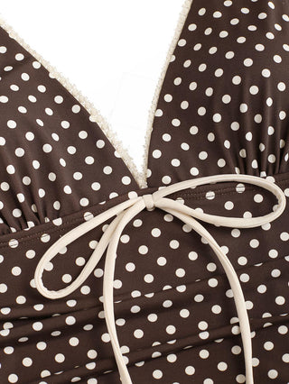 Deep Coffee Polka Dot Ruched Ruffles Halter Skirted One-piece Swimsuit