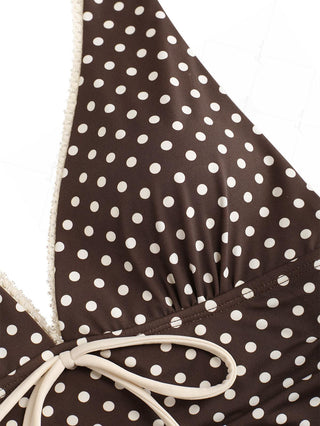 Deep Coffee Polka Dot Ruched Ruffles Halter Skirted One-piece Swimsuit