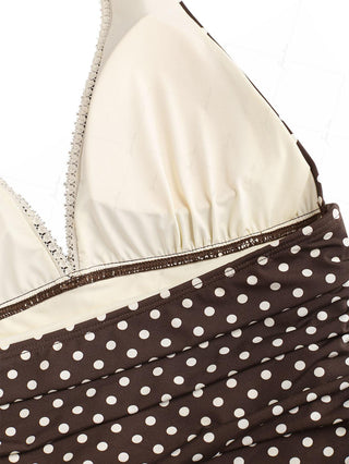 Deep Coffee Polka Dot Ruched Ruffles Halter Skirted One-piece Swimsuit
