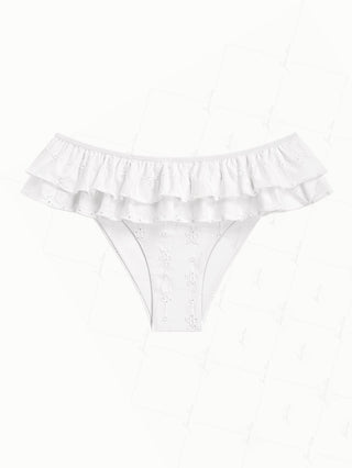 White Recycled Fabric Jacquard Layered Ruffles Swim Skirt Bikini Bottom
