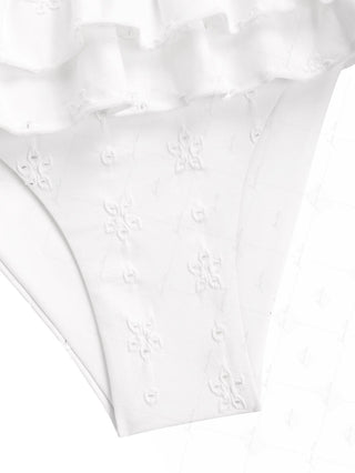 White Recycled Fabric Jacquard Layered Ruffles Triangle Skirtini Bikini Set