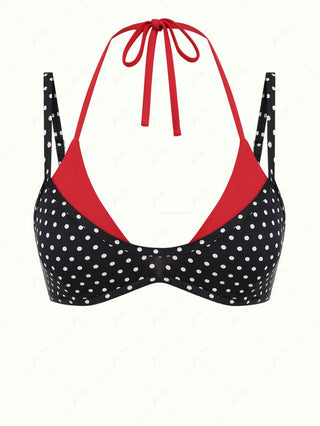 Black Polka Dot Print Contrast Color Double Layer Bikini Top