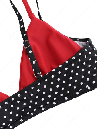 Black Polka Dot Print Contrast Color Double Layer Bikini Top