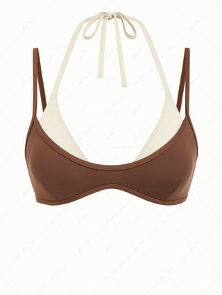 Brown Colorblock Two Tone Double Layer Bikini Top