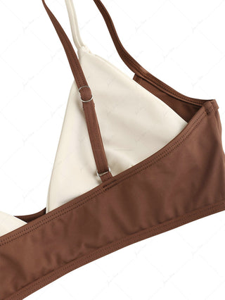 Brown Colorblock Two Tone Double Layer Bikini Top