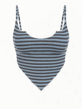 Blue Ribbed Knit Striped Hanky Hem Cinched Tankini Top
