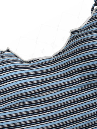 Blue Ribbed Knit Striped Hanky Hem Cinched Tankini Top