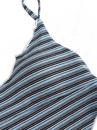 Blue Ribbed Knit Striped Hanky Hem Cinched Tankini Top