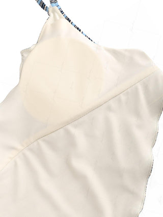 Blue Ribbed Knit Striped Hanky Hem Cinched Tankini Top