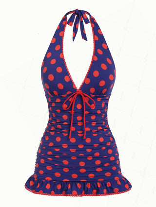 Midnight Blue Polka Dot Ruched Ruffles Halter Skirted One-piece Swimsuit