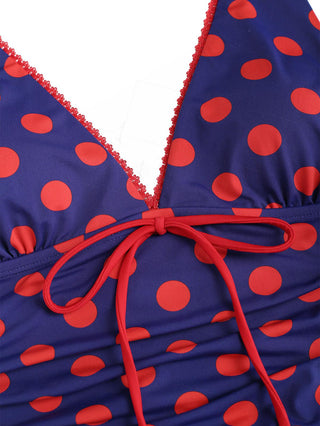 Midnight Blue Polka Dot Ruched Ruffles Halter Skirted One-piece Swimsuit