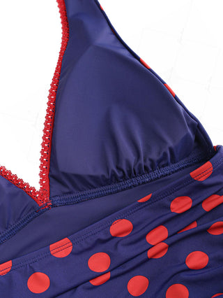 Midnight Blue Polka Dot Ruched Ruffles Halter Skirted One-piece Swimsuit