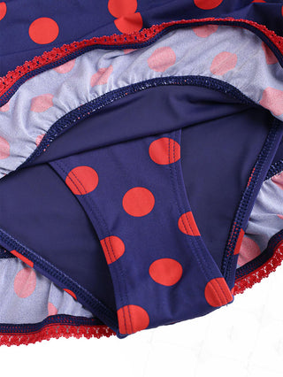 Midnight Blue Polka Dot Ruched Ruffles Halter Skirted One-piece Swimsuit