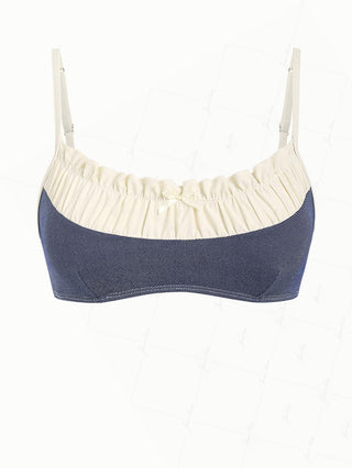 Deep Blue Denim Spliced Ruched Ruffles Trim Bowknot Bikini Top