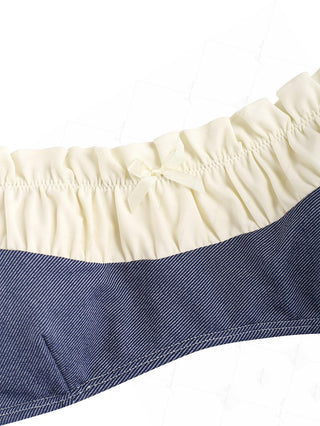 Deep Blue Denim Spliced Ruched Ruffles Trim Bowknot Bikini Top