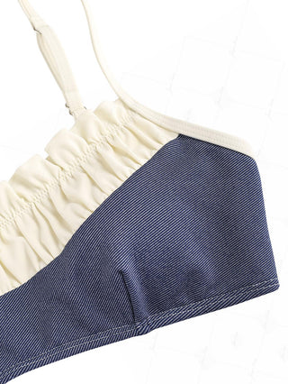 Deep Blue Denim Spliced Ruched Ruffles Trim Bowknot Bikini Top