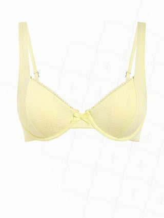 Light Yellow Textured Knit Fabric Lace Bowknot Underwire Bikini Top