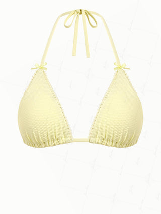 Light Yellow Textured Knit Fabric Lace Bowknot Halter Triangle Bikini Top