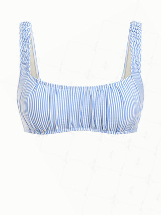 Light Blue Striped Ruched Cinched Tied Back Tank Style Bikini Top