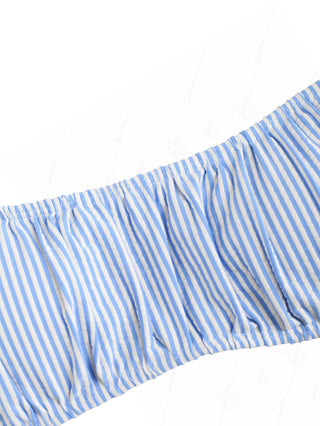 Light Blue Striped Ruched Cinched Tied Back Tank Style Bikini Top