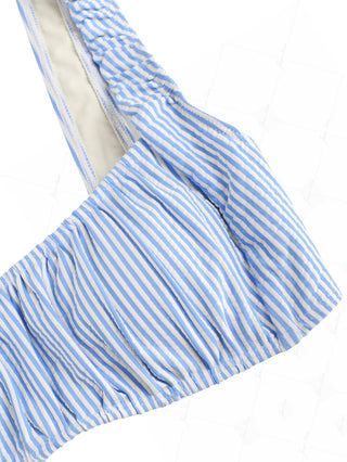 Light Blue Striped Ruched Cinched Tied Back Tank Style Bikini Top