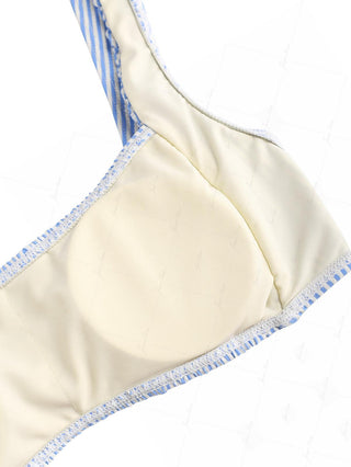 Light Blue Striped Ruched Cinched Tied Back Tank Style Bikini Top