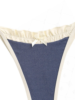 Deep Blue Denim Ruched Ruffles Contrast Binding Cheeky Brazilian Bikini Bottom