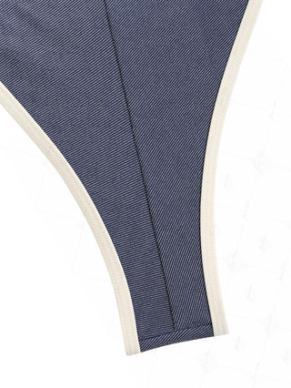 Deep Blue Denim Ruched Ruffles Contrast Binding Cheeky Brazilian Bikini Bottom