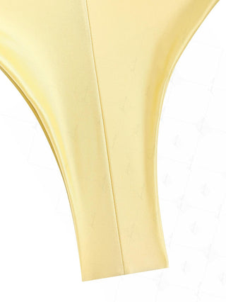 Light Yellow Satin Ruched Underwire Push Up Top & Cheeky Brazilian Bottom Bikini Set