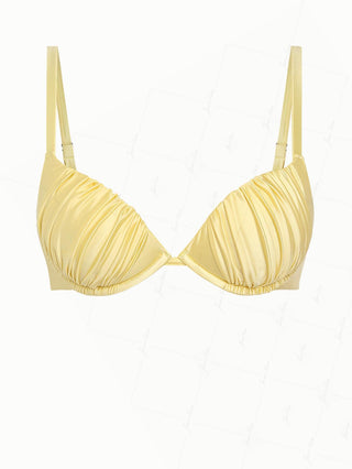 Light Yellow Satin Solid Color Ruched Underwire Push Up Bikini Top