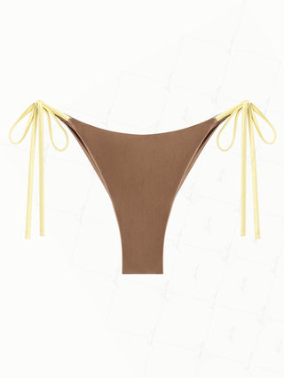 Coffee Satin Contrast Color String Cheeky Brazilian Bikini Bottom