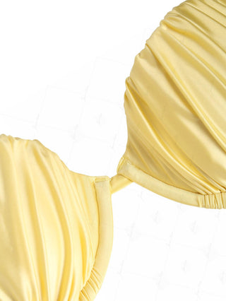 Light Yellow Satin Solid Color Ruched Underwire Push Up Bikini Top
