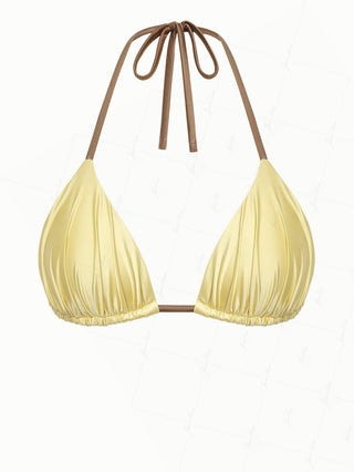 Light Yellow Satin Contrast Color Ruched Halter Triangle Bikini Top