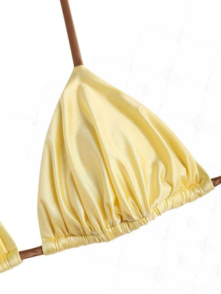 Light Yellow Satin Ruched Triangle Top & Cheeky Brazilian Bottom Bikini Set
