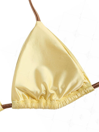 Light Yellow Satin Ruched Triangle Top & Cheeky Brazilian Bottom Bikini Set