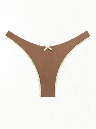 Coffee Satin Contrast Color Lace Bowknot High Cut Bikini Bottom