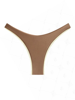 Coffee Satin Contrast Color Lace Bowknot High Cut Bikini Bottom