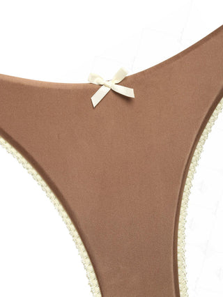 Coffee Satin Contrast Color Lace Bowknot High Cut Bikini Bottom