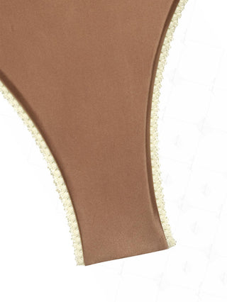 Coffee Satin Contrast Color Lace Bowknot High Cut Bikini Bottom