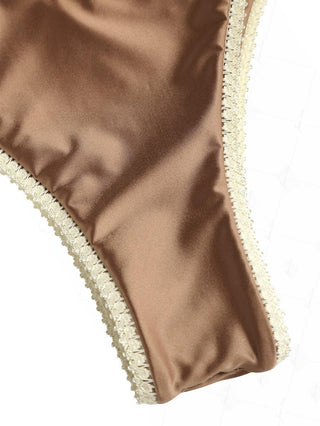 Coffee Satin Contrast Color Lace Bowknot High Cut Bikini Bottom