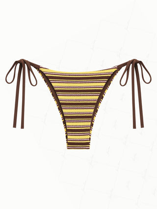 Yellow Knit Striped Textured Tie Side String Bikini Bottom